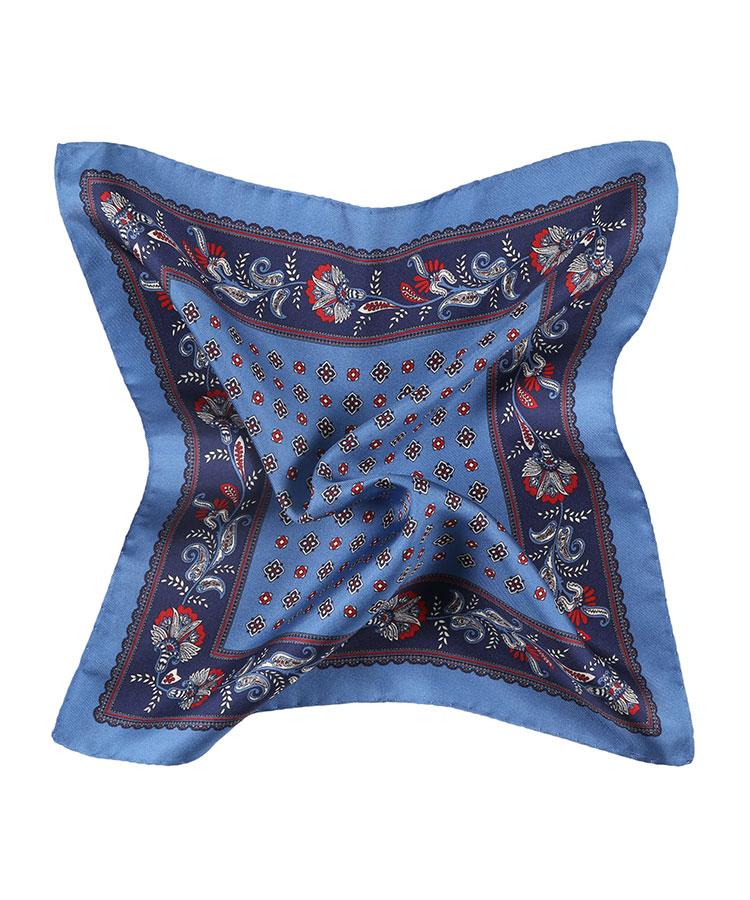 Sky Blue & Navy Floral Patterned Italian 100% Silk Pocket Square