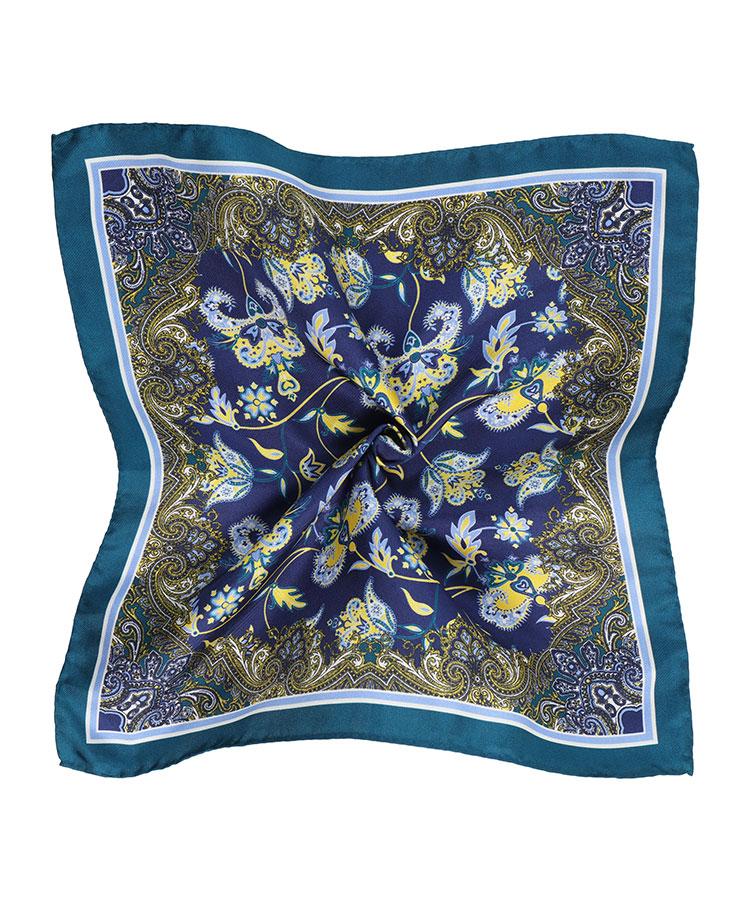 Petrol Green & Yellow Floral Italian 100% Silk Pocket Square