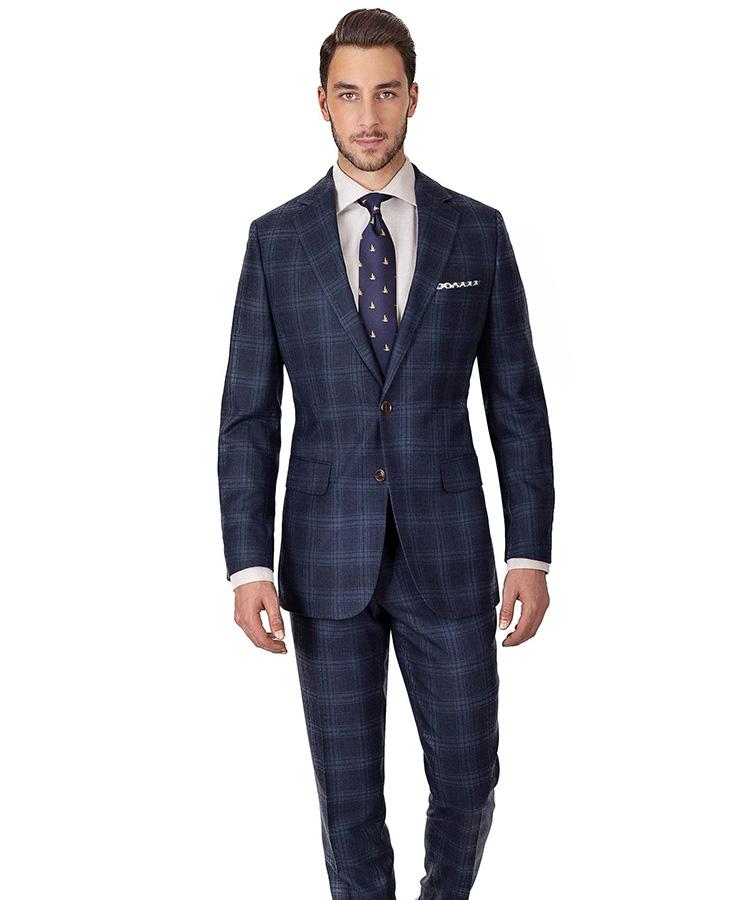 Steel Blue Check Wool & Cashmere Pants