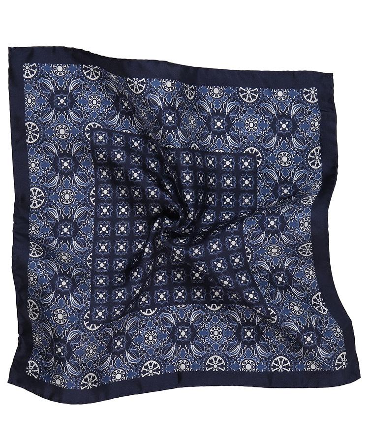 Navy & White Patterned 100% Silk Pocket Square