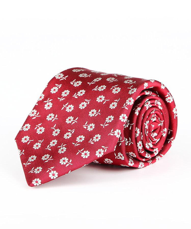 Red Italian 100% Silk Tie With A Floral Pattern