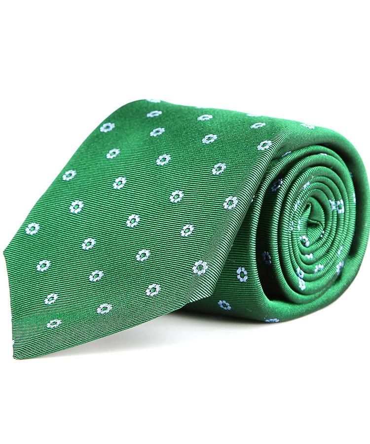 Green Italian 100% Silk Tie With A Floral Pattern
