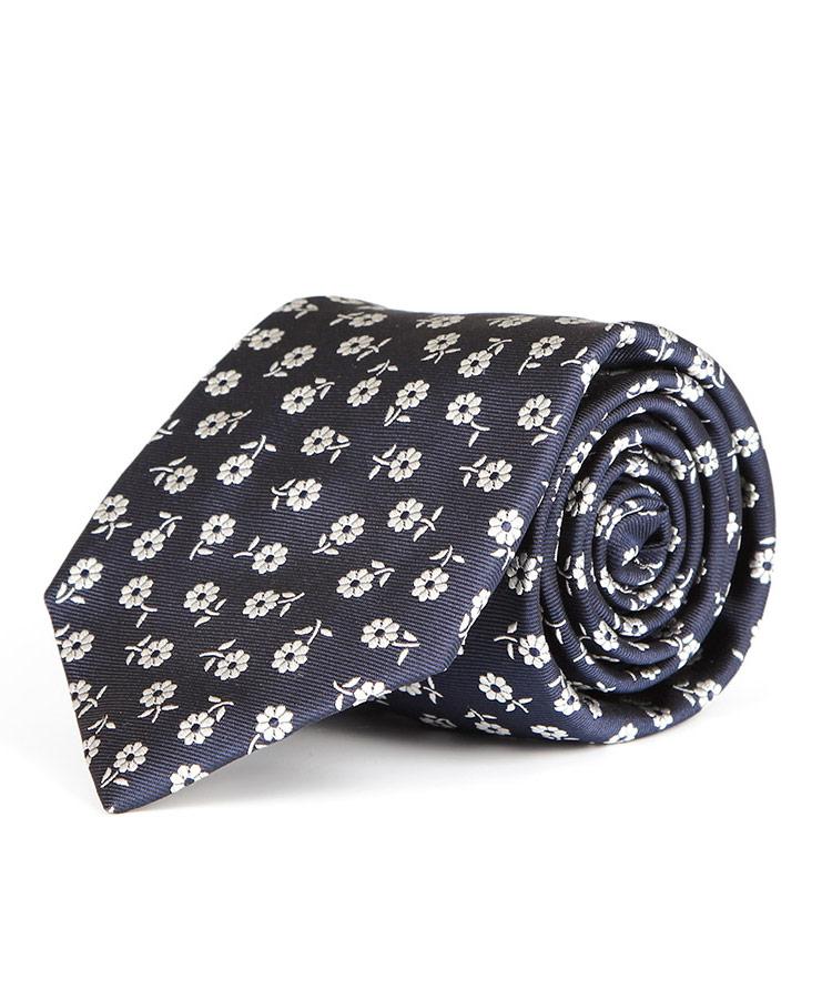 Blue Italian 100% Silk Tie With A Floral Pattern