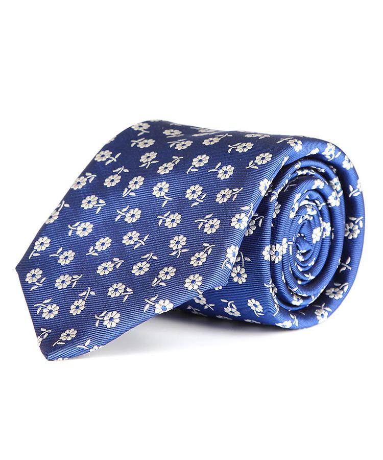 Intense Blue Italian 100% Silk Tie With A Floral Pattern
