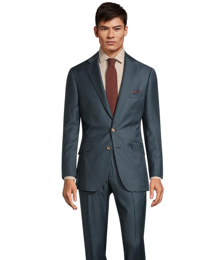 Teal Blue Wool Silk & Cashmere Sharkskin Suit