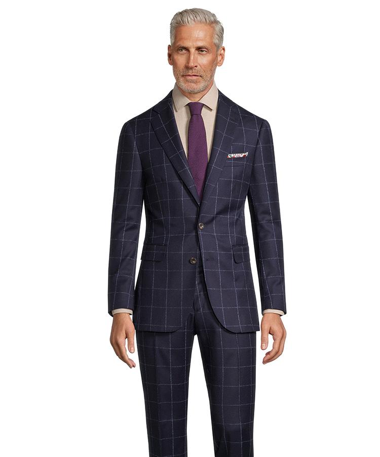 Dark Navy Windowpane Flannel Suit - Oliver Wicks