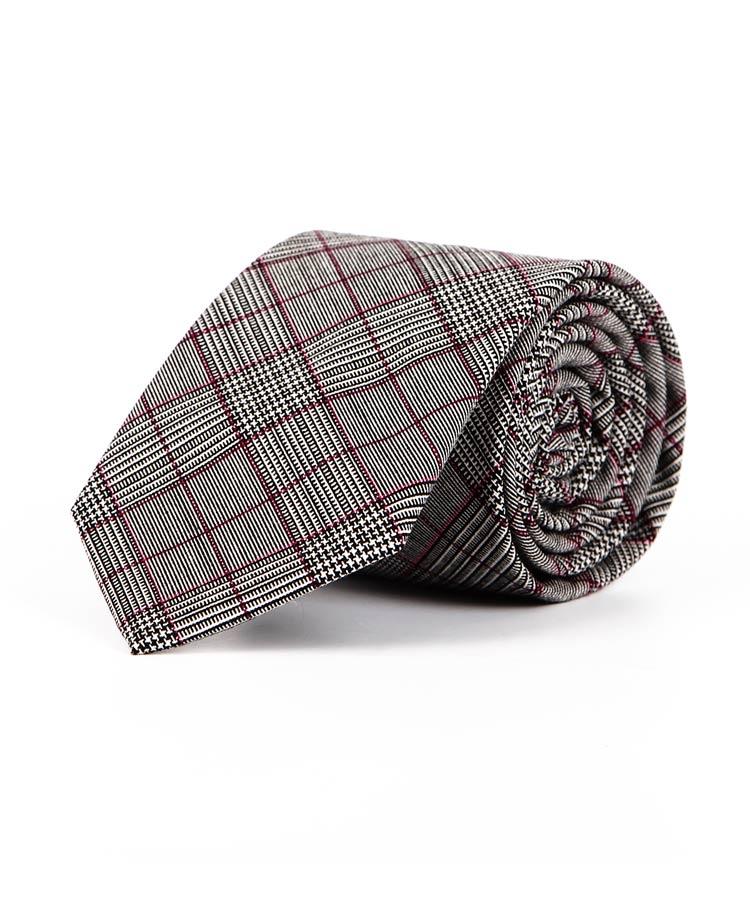 Grey Plaid Tie With A Coral Overcheck Pattern