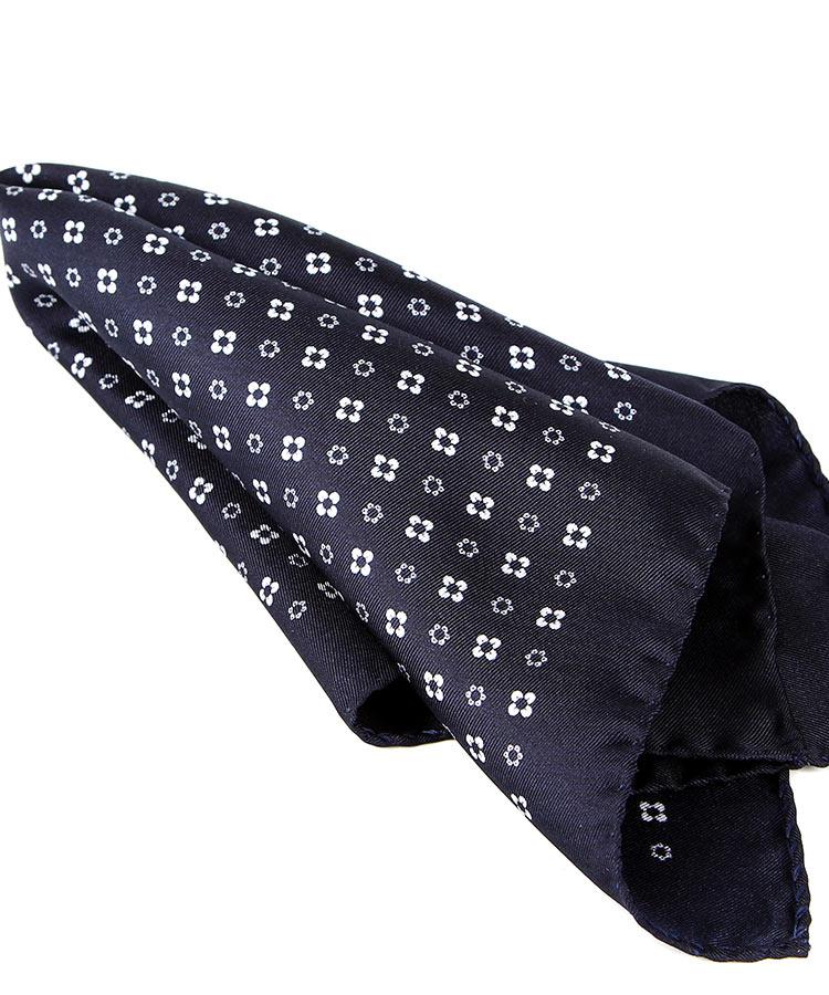 Navy Italian 100% Silk Pocket Square with a Daisy Pattern