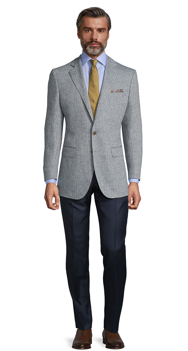 White & Navy Blue Melange Wool Silk & Linen Blazer