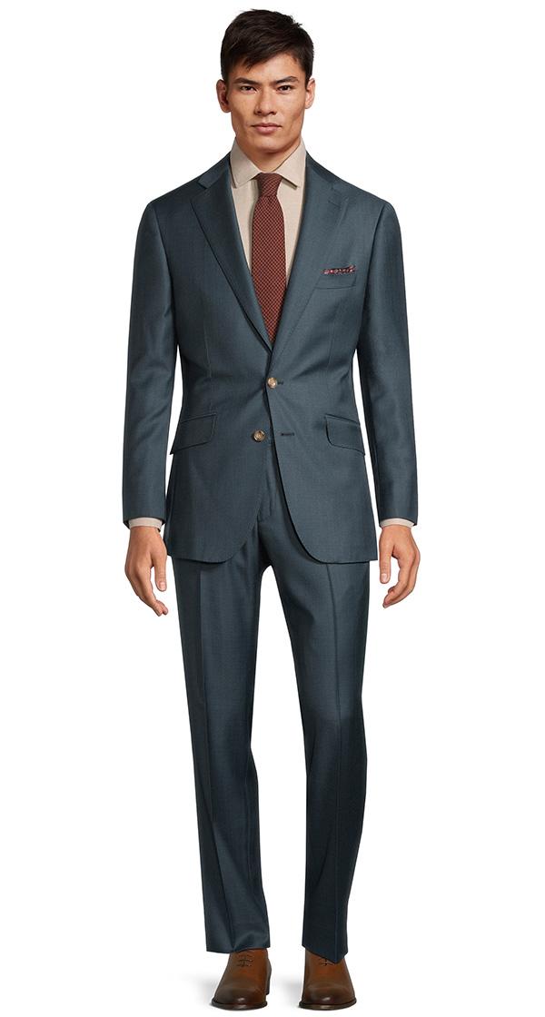 Teal Blue Wool Silk & Cashmere Sharkskin Suit